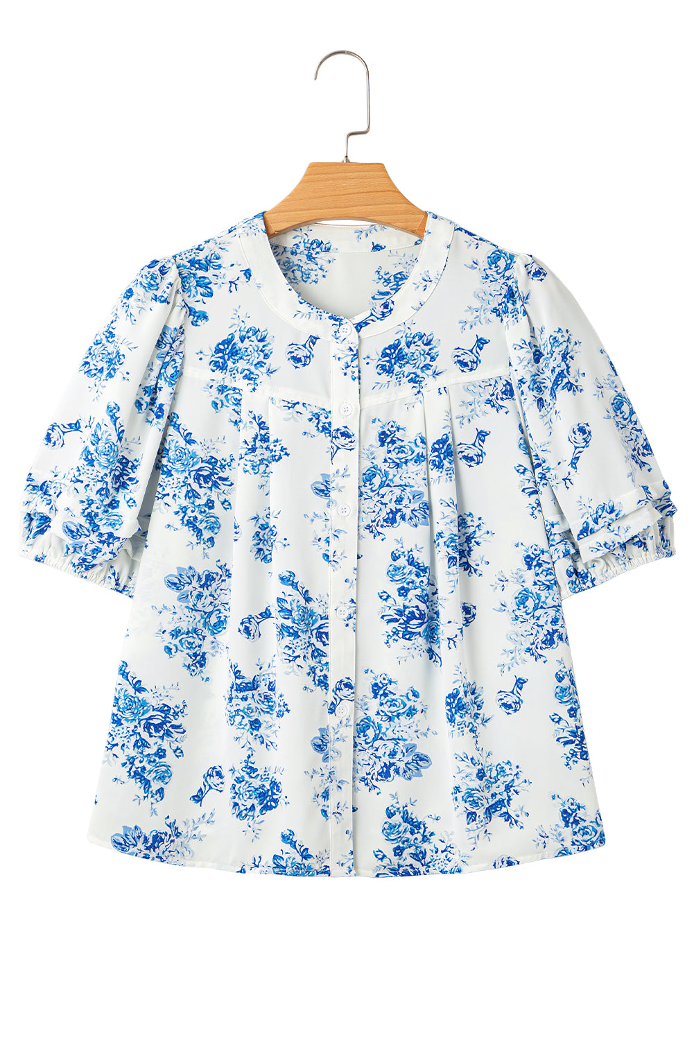 Sky Blue Floral Tiered Puff Short Sleeve Pleated Bust Buttoned Casual Shirt