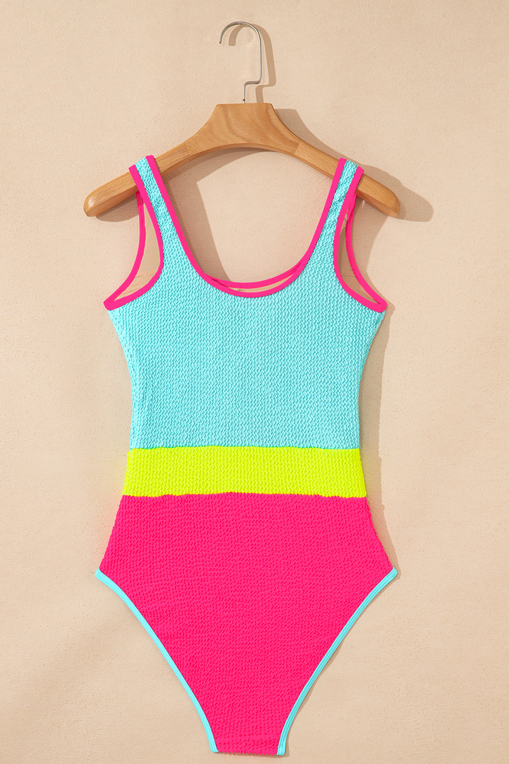 Iceland Blue Textured Color Block Patchwork One Piece Swimsuit