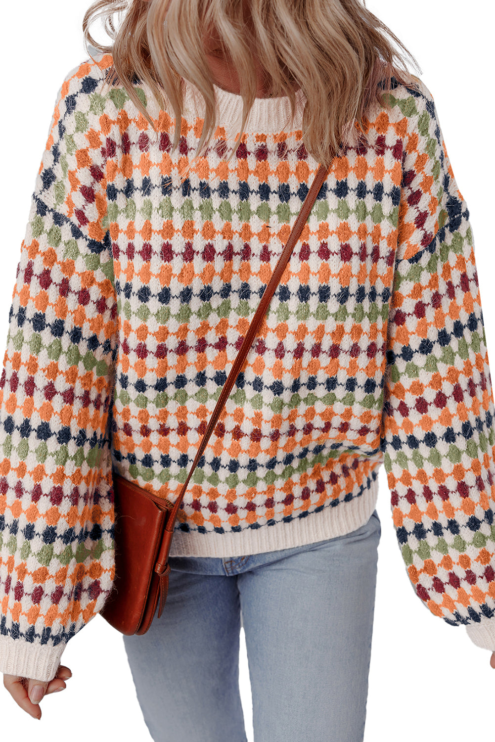 Multicolour Dotty Striped Pattern Knit Drop Shoulder Sweater
