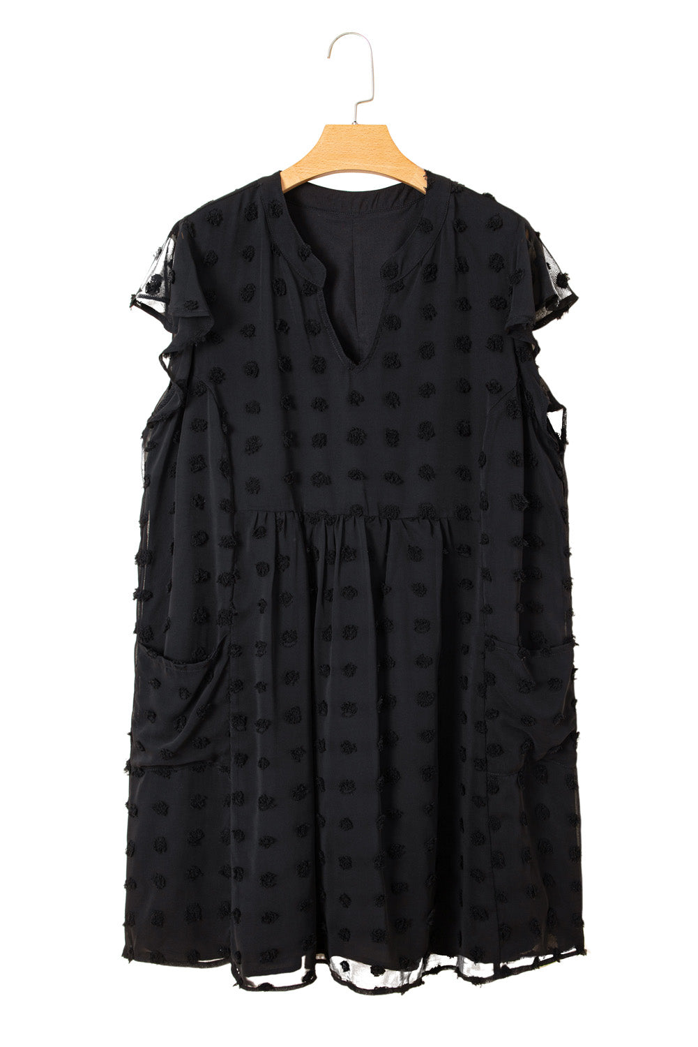 Black Dotty Textured Notched Neck Plus Ruffled Dress