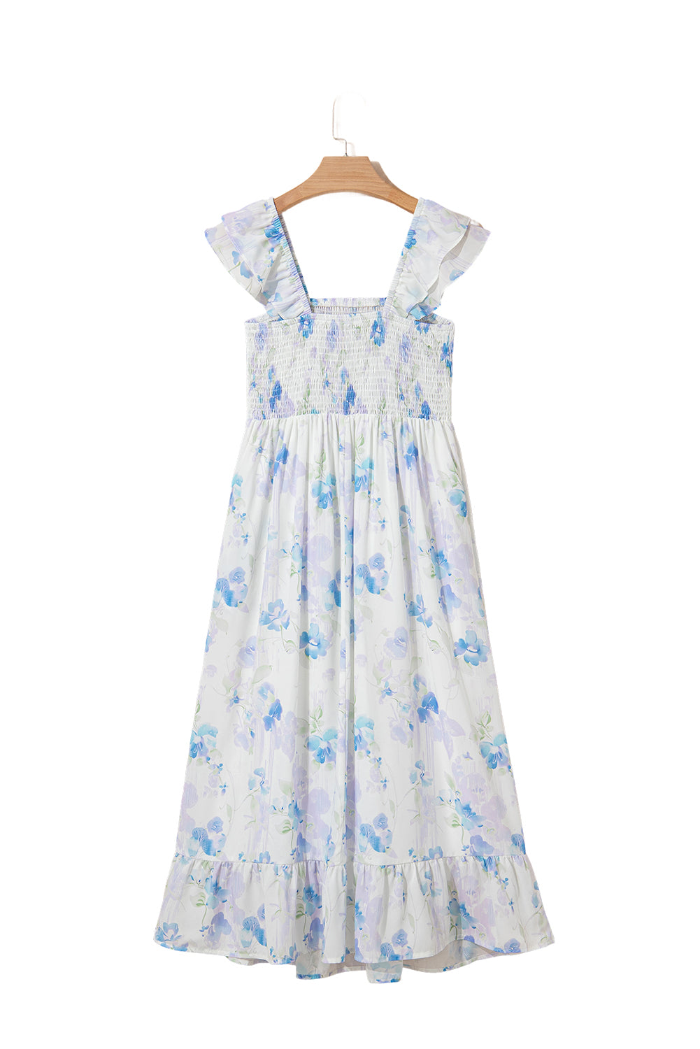 Sky Blue Floral Smocked High Waist Double Ruffle Sleeveless Long Dress