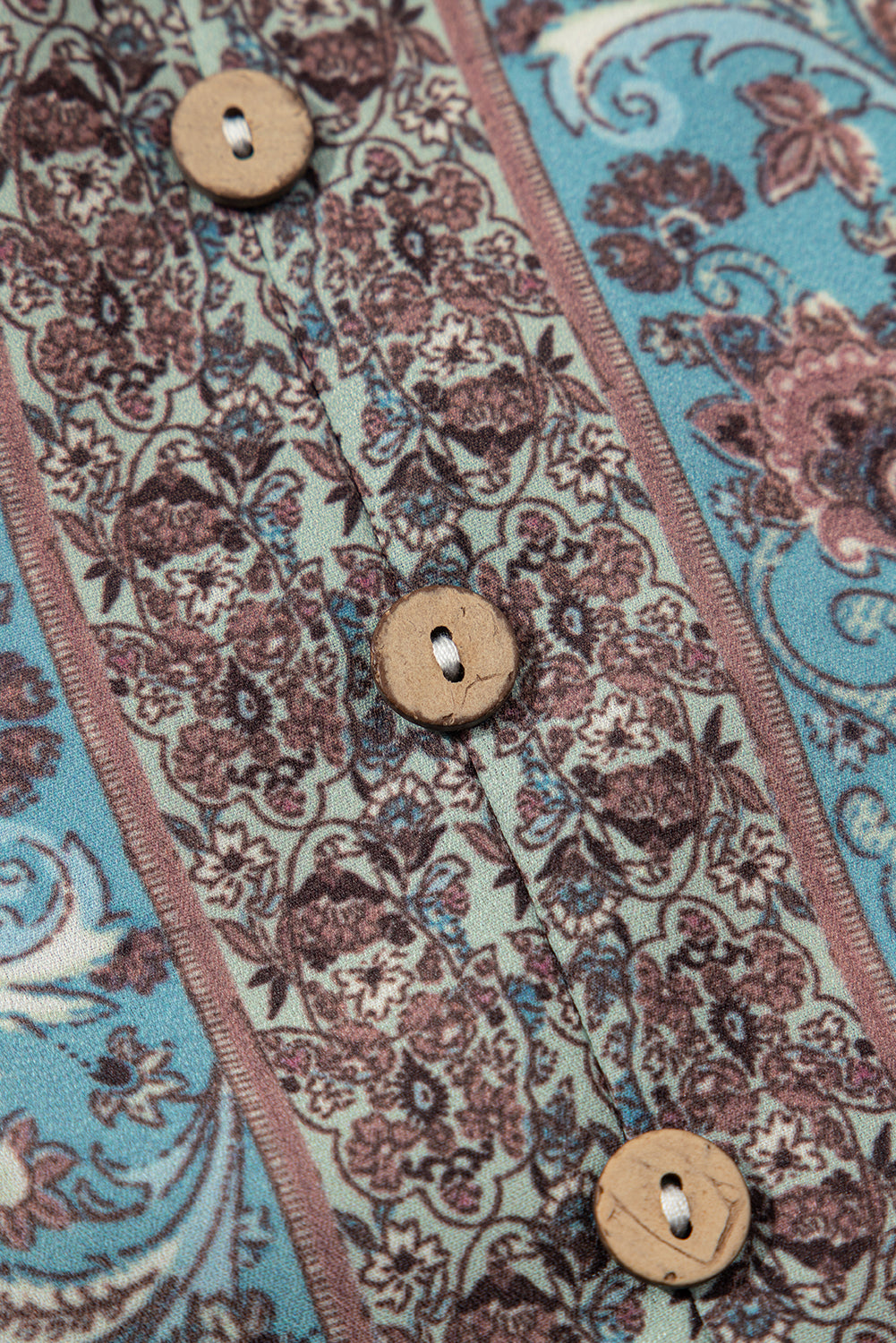 White Boho Pattern Tiered Ruffled Sleeve V Neck Buttoned Blouse