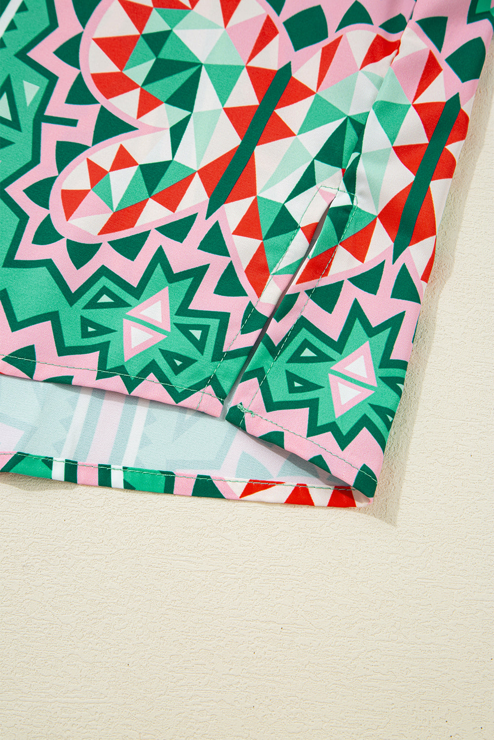 Sea Green Boho Abstract Print Contrast Striped Collared V Neck Blouse