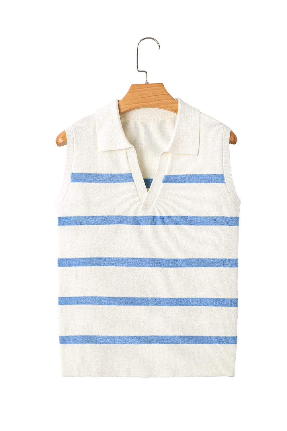Sky Blue Stripe Split V Neck Collared Ribbed Sweater Vest