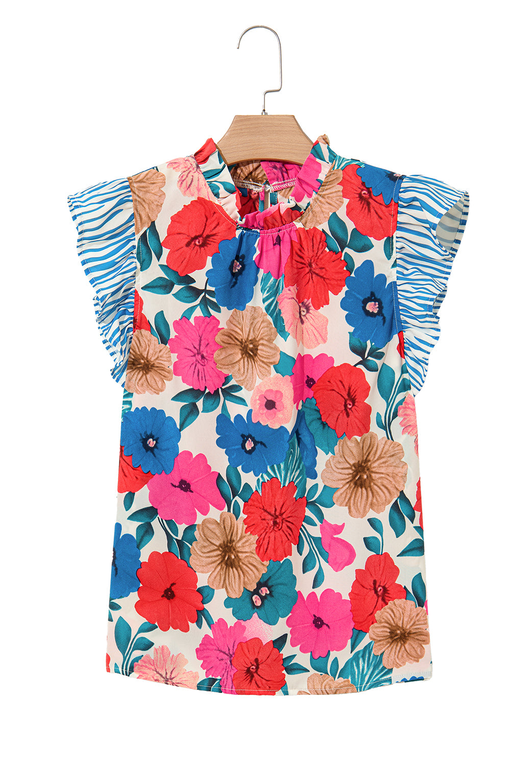 Sky Blue Floral Mock Neck Striped Flutter Sleeve Blouse