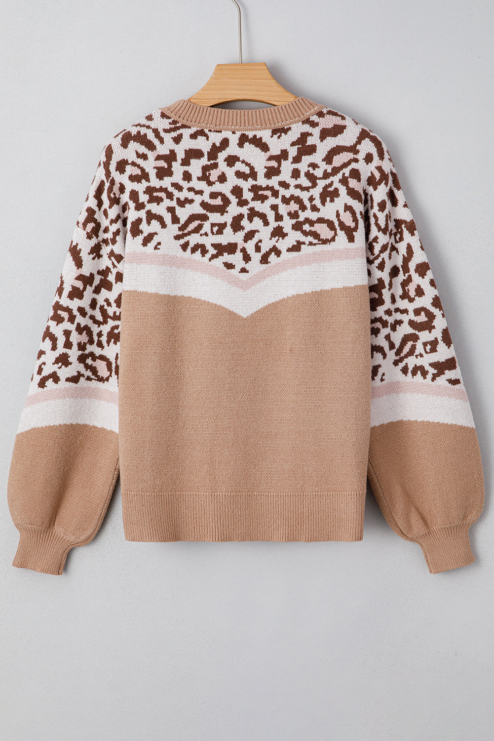 Straw Yellow Leopard Color Block Knit Round Neck Baggy Sweater