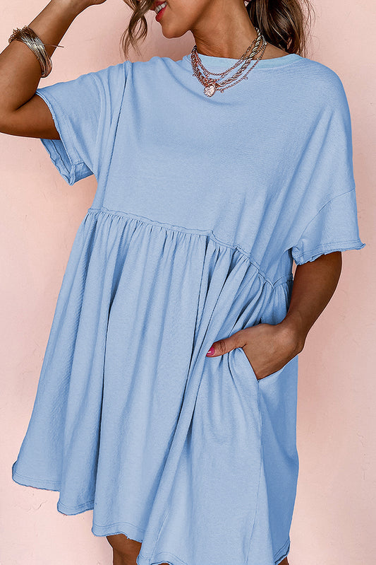 Sky Blue Solid Color Pocketed Raw Edge Babydoll Dress