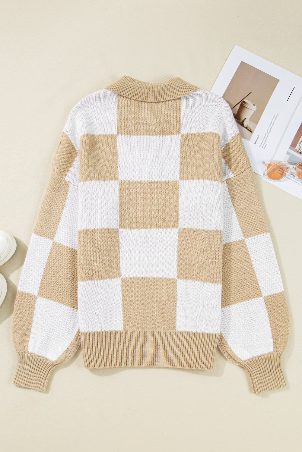 Light French Beige Checkered Pattern Polo Collar Loose Sweater
