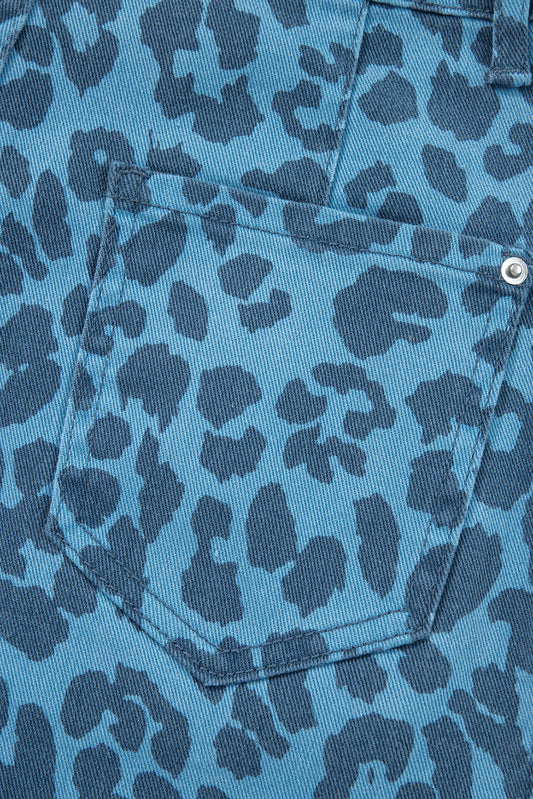 Sky Blue Leopard Print Straight Loose Jeans