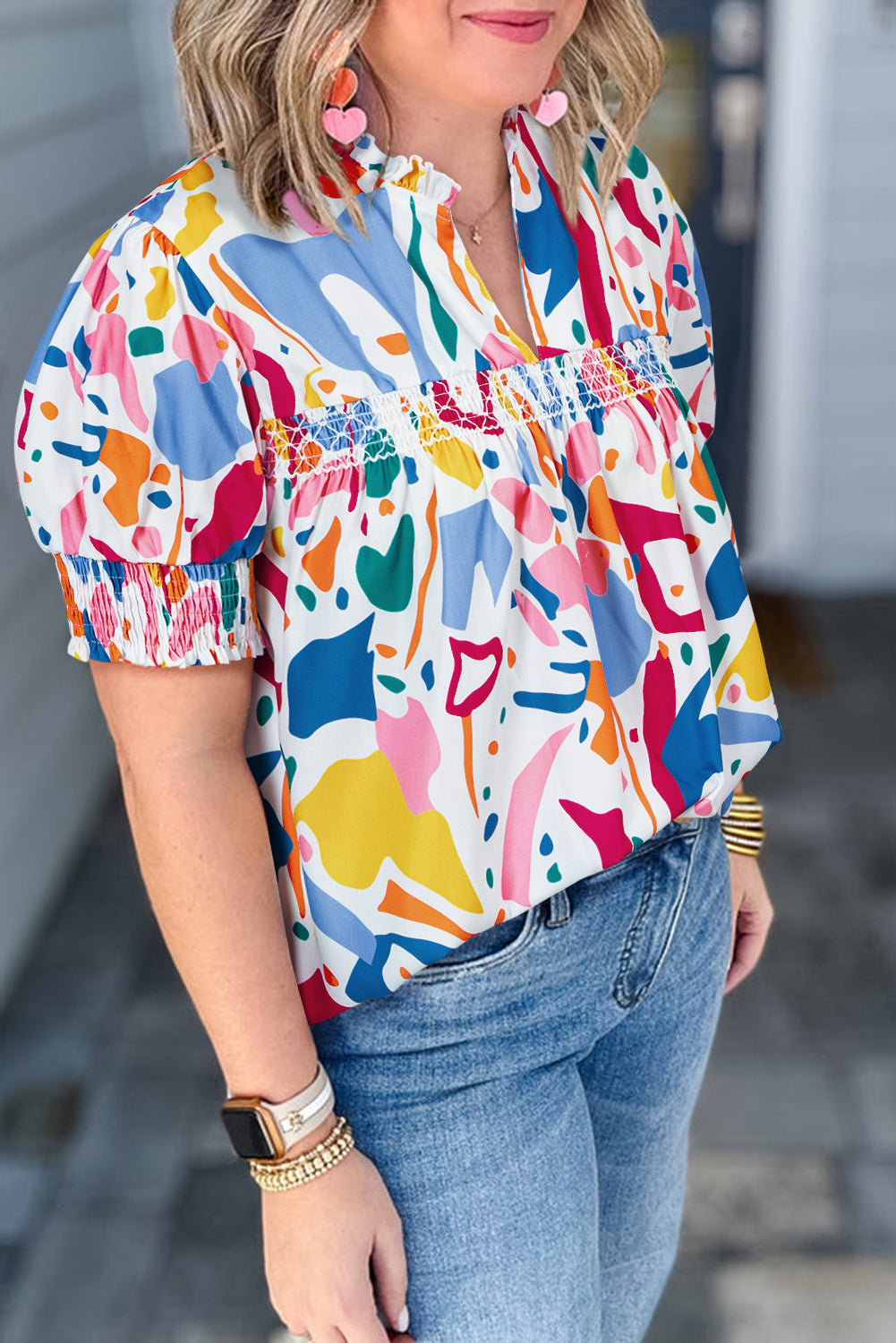 White Abstract Print Shirred Cuff Puff Sleeve Plus Size Blouse