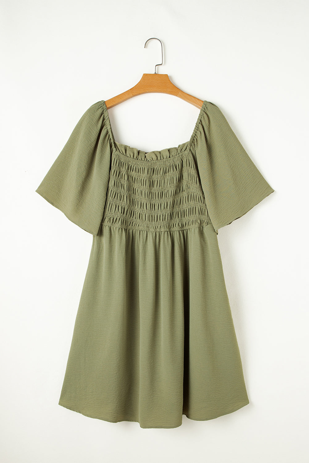 Grass Green Frilly Square Neck Flutter Sleeve Smocked High Waist Plus Size Dress