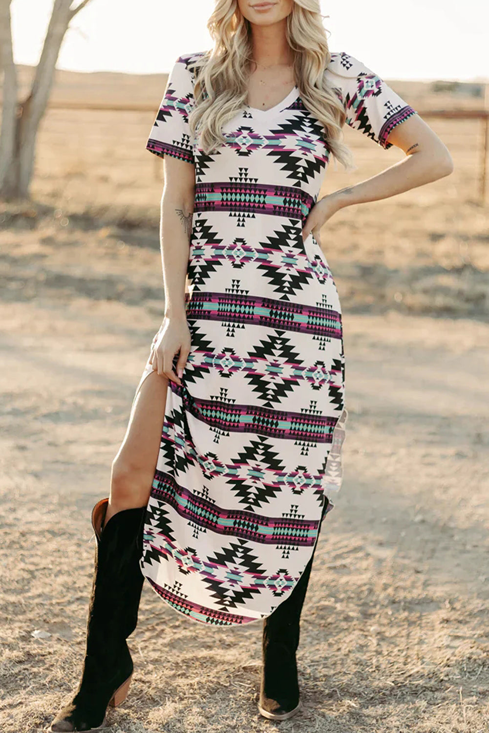 Beige Western Aztec Printed Long T-shirt Dress