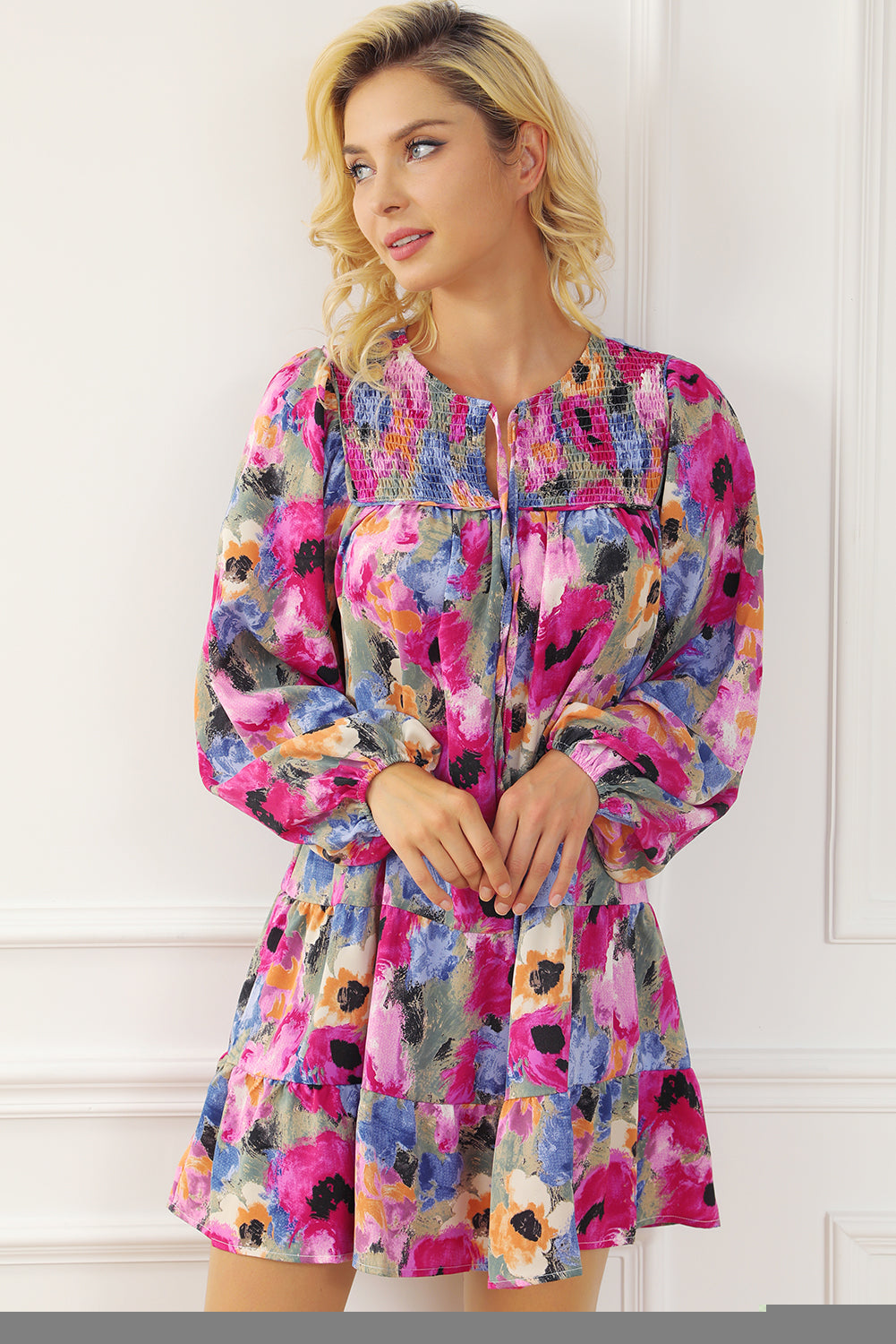 Multicolour Floral Tie Neck Bubble Sleeve Shift Dress