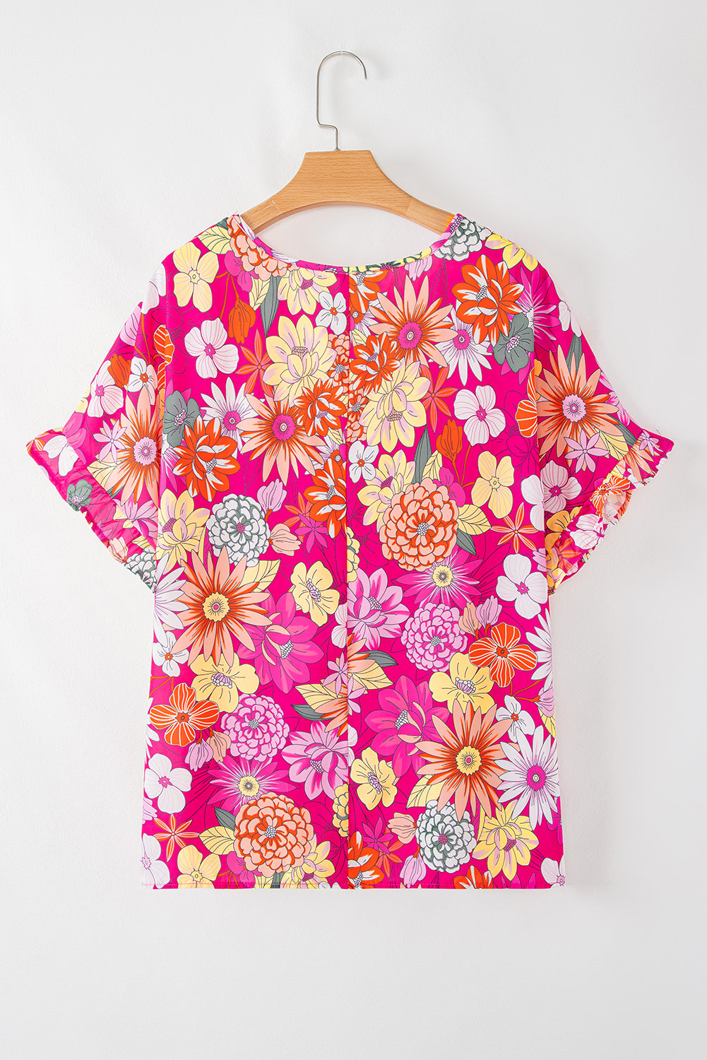 Rose Plus Size Floral Print Ruffle Short Sleeve Blouse