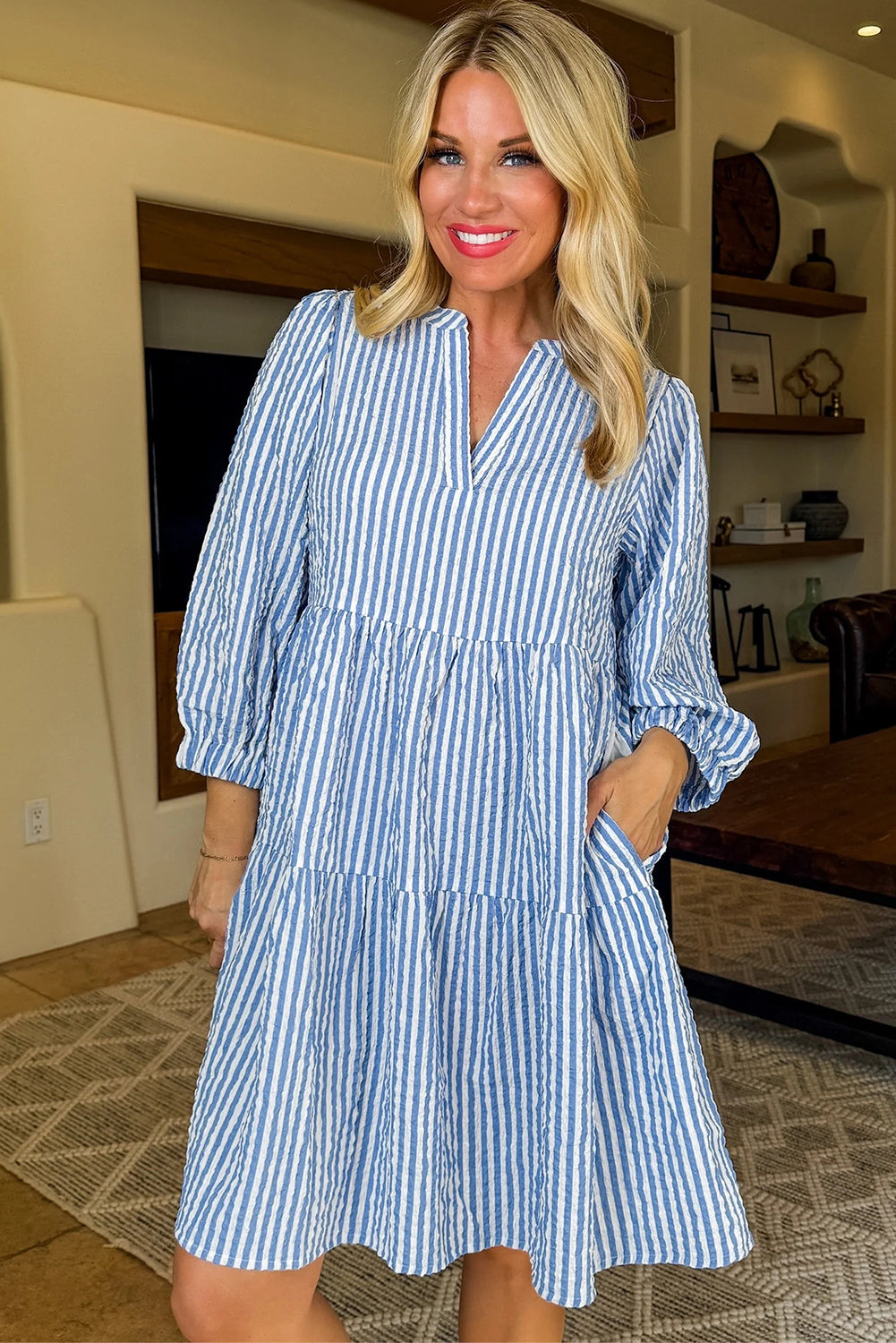 Sky Blue Stripe Bracelet Sleeve Tiered Shift Dress with Pockets
