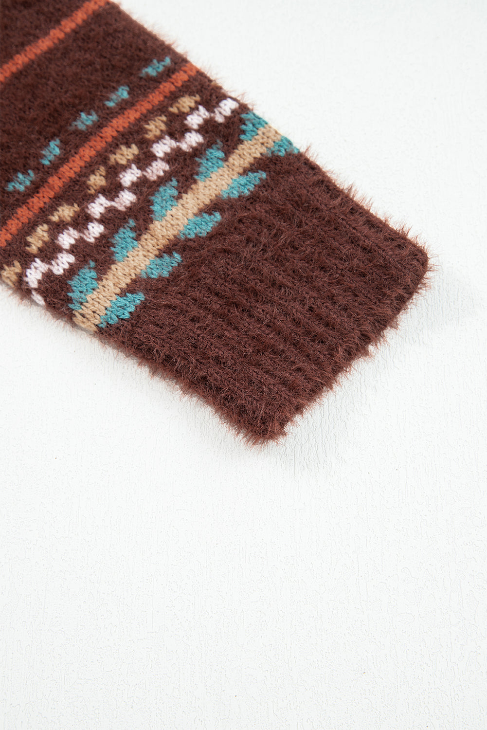 Brown Ethnic Pattern Mohair Knitted Drop Shoulder Sweater