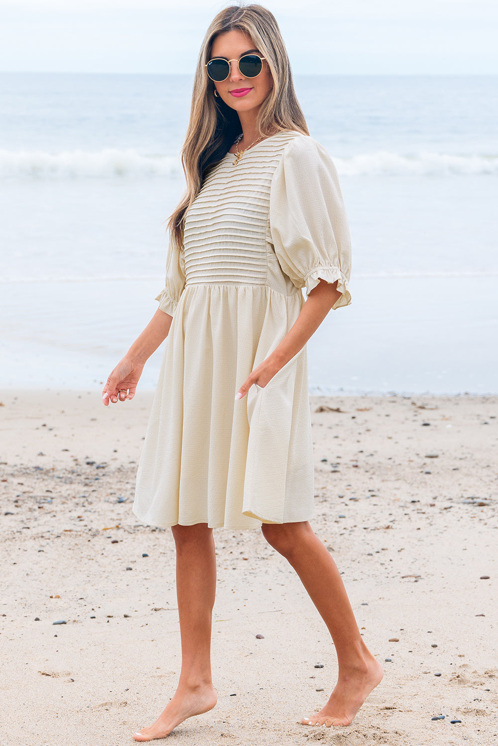 White Textured Ruffled Puff Sleeve Loose Dress
