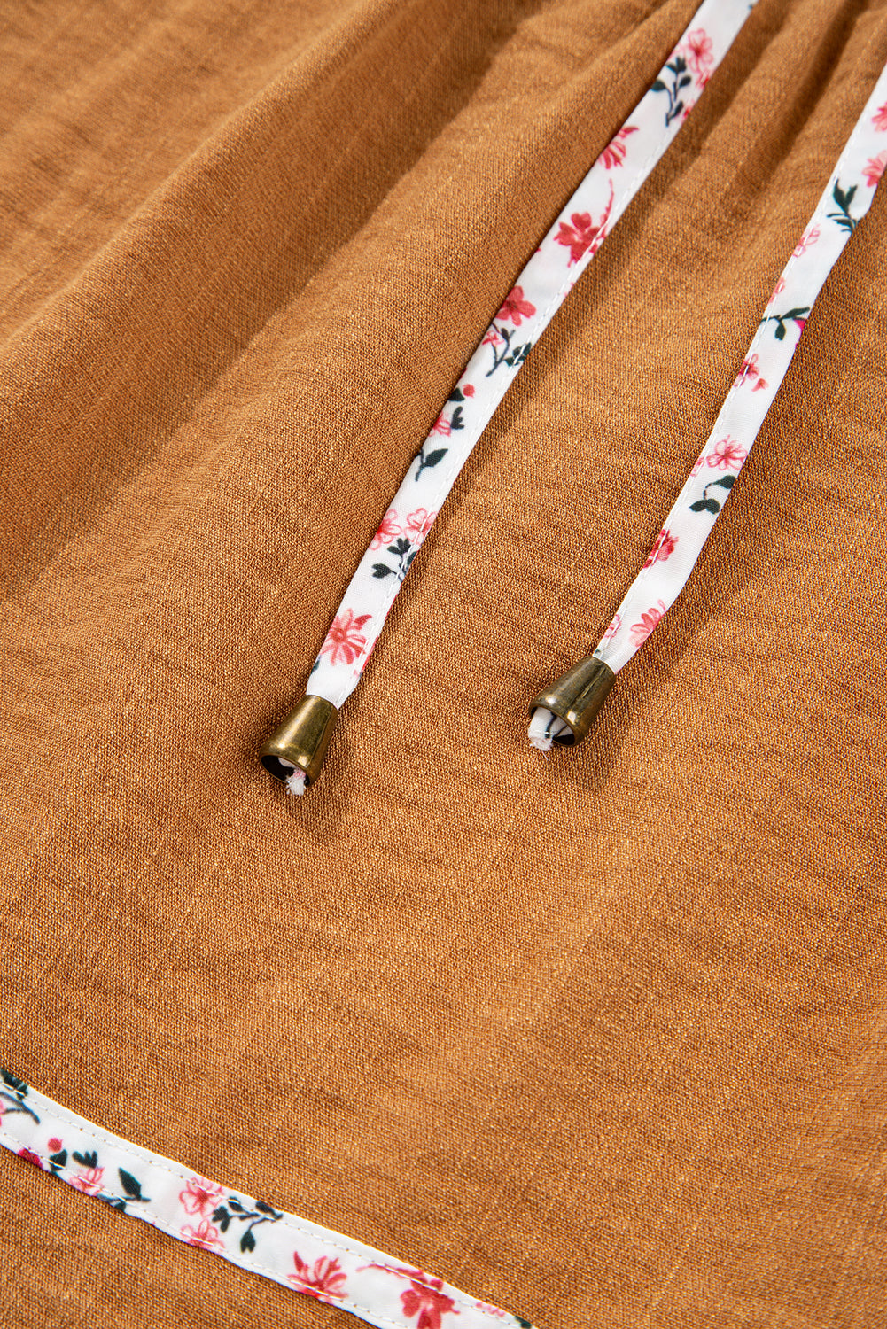 Straw Yellow Split Neck Pleated Floral Trim Long Puff Sleeve Blouse