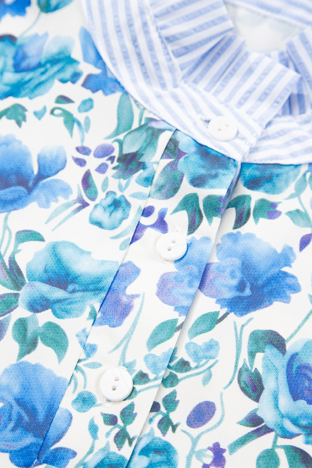 Sky Blue Floral Print Striped Patchwork Collared Short Sleeve Blouse