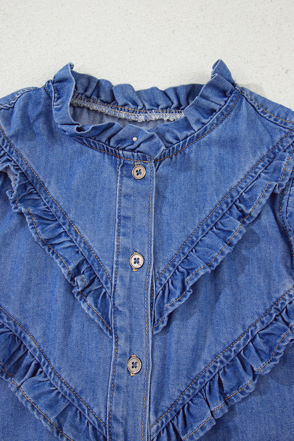 Sky Blue Mineral Wash Cap Sleeve Frilled Button Up Denim Shirt
