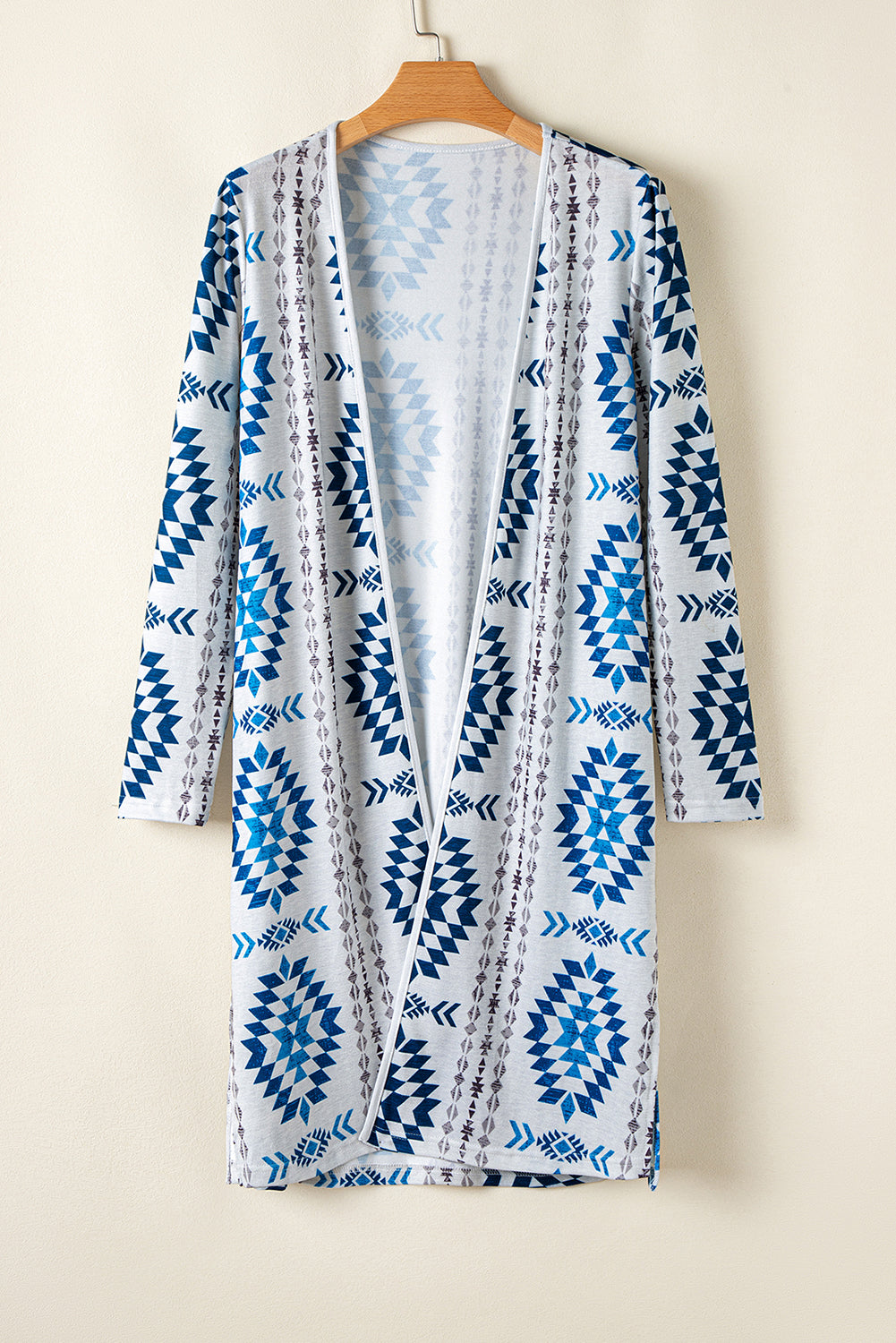 Sky Blue Western Aztec Printed Open Front Long Cardigan