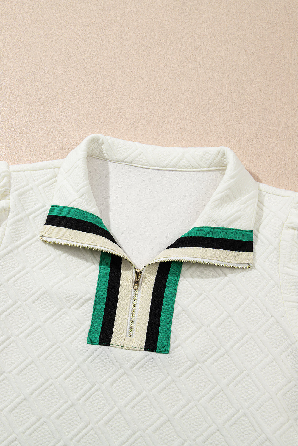 White Textured Jacquard Colorblock Edge Puff Sleeve Quarter Zip Mini Dress