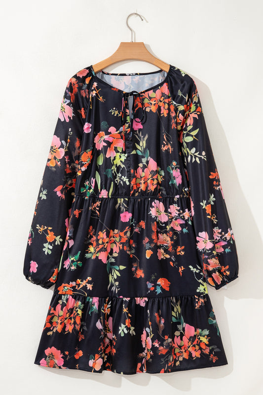 Black Plus Size Floral Print Tie Neck Cinched Waist Long Sleeve Mini Dress