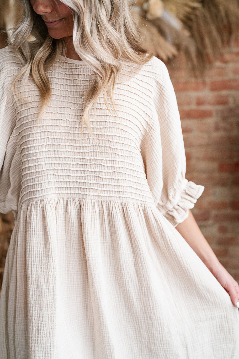 White Textured Ruffled Puff Sleeve Loose Dress