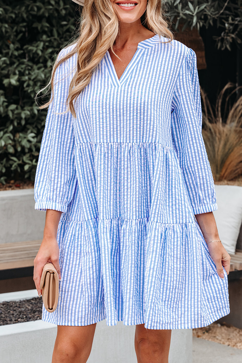 Sky Blue Stripe Bracelet Sleeve Tiered Shift Dress with Pockets