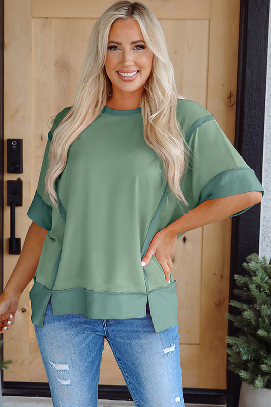 Smoke Green Half Sleeve Raw Seam High Low Side Split Top