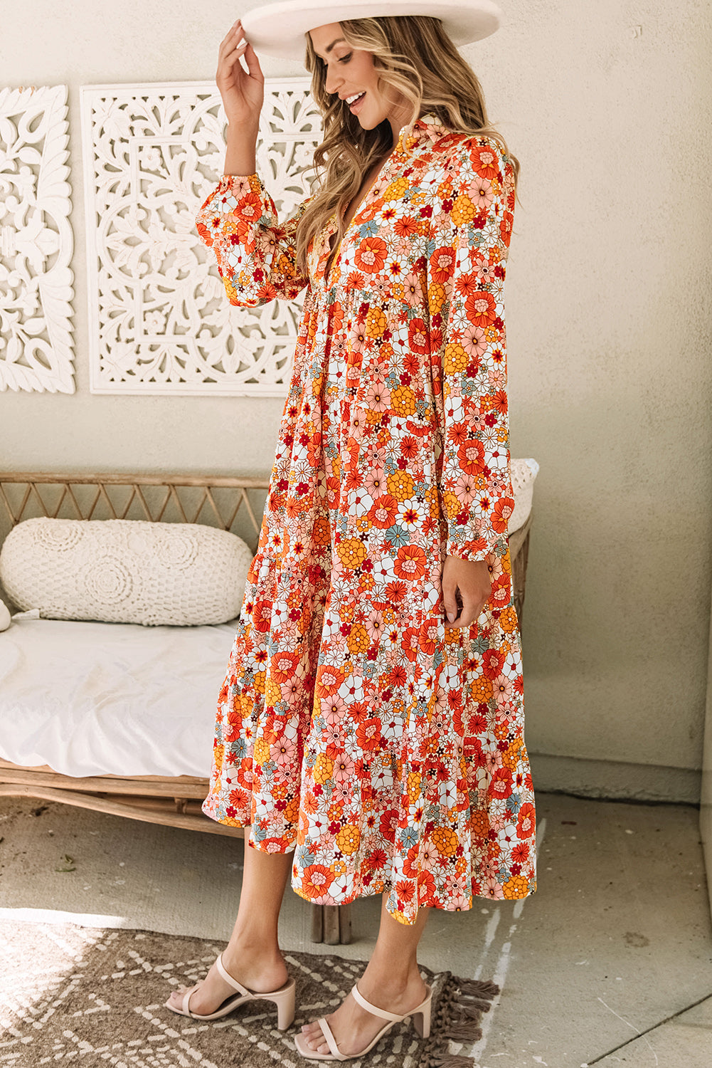 Multicolor Boho Floral Collared Long Sleeve Ruffled Dress