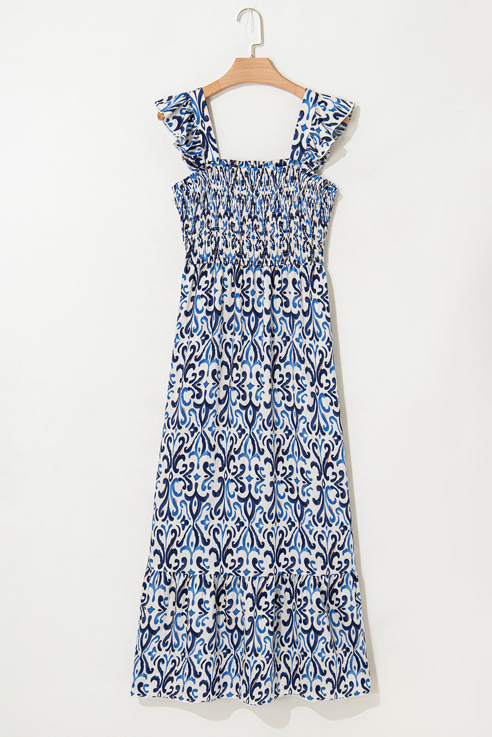Sky Blue Boho Print Smocked High Waist Maxi Dress