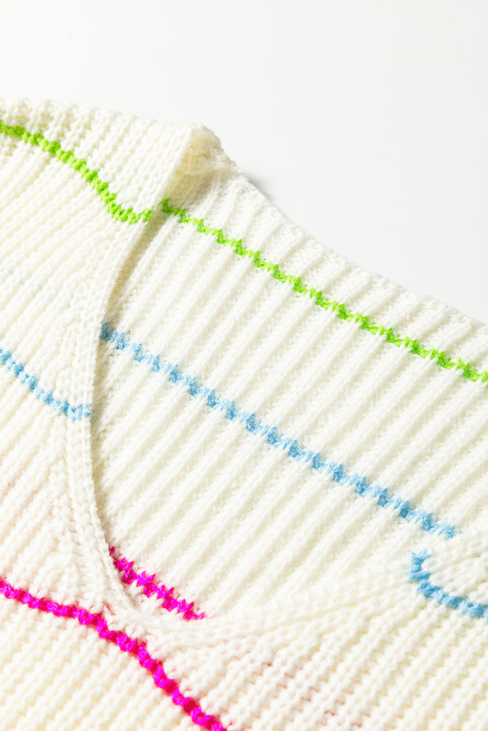 White Colorful Striped Detail V Neck Drop Shoulder Baggy Sweater