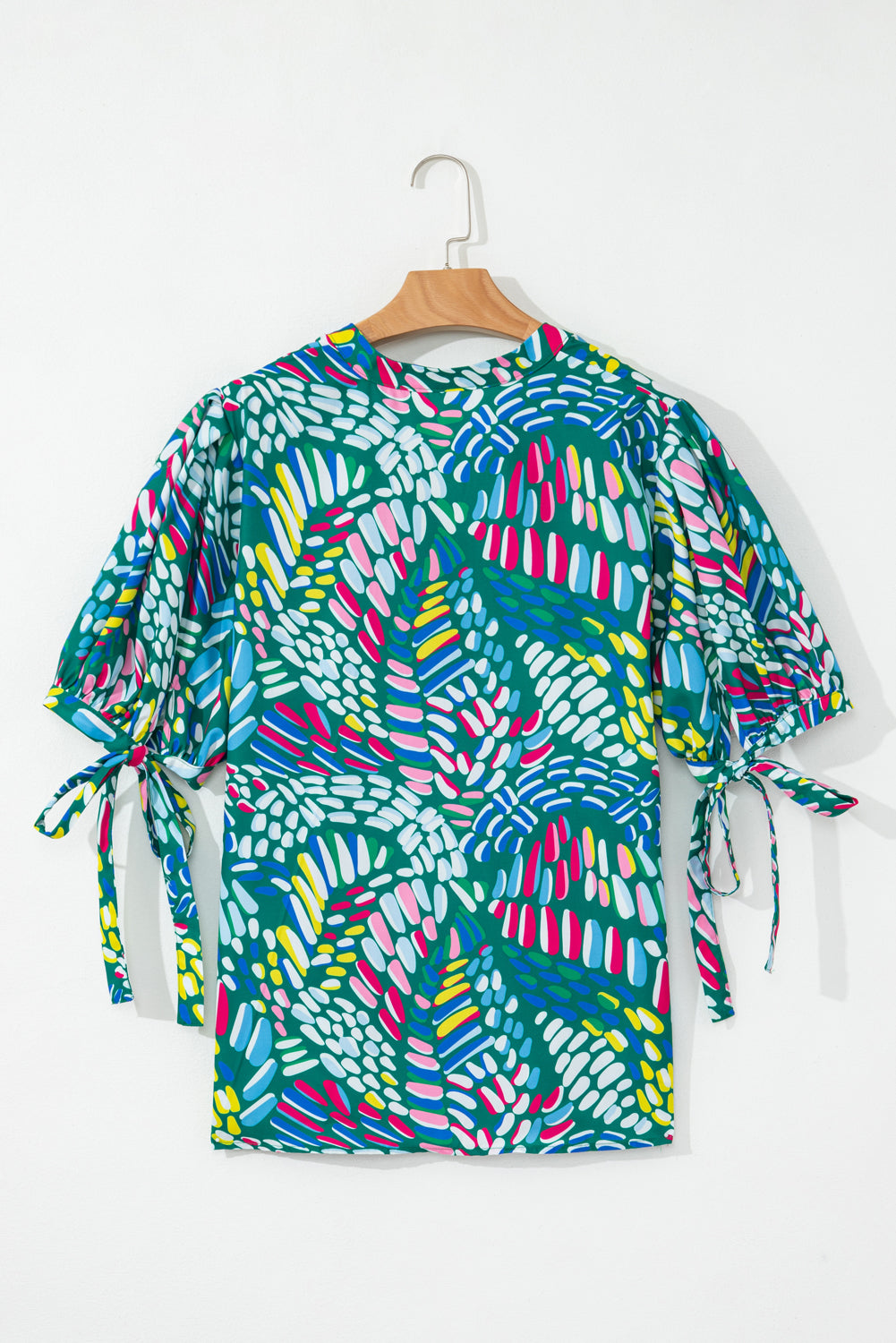 Green Abstract Print Knotted Short Sleeve Plus Size Blouse