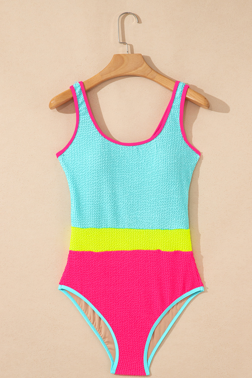 Iceland Blue Textured Color Block Patchwork One Piece Swimsuit