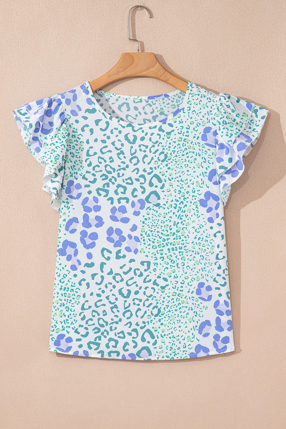 Sky Blue Leopard Layered Ruffle Short Sleeve Casual Blouse