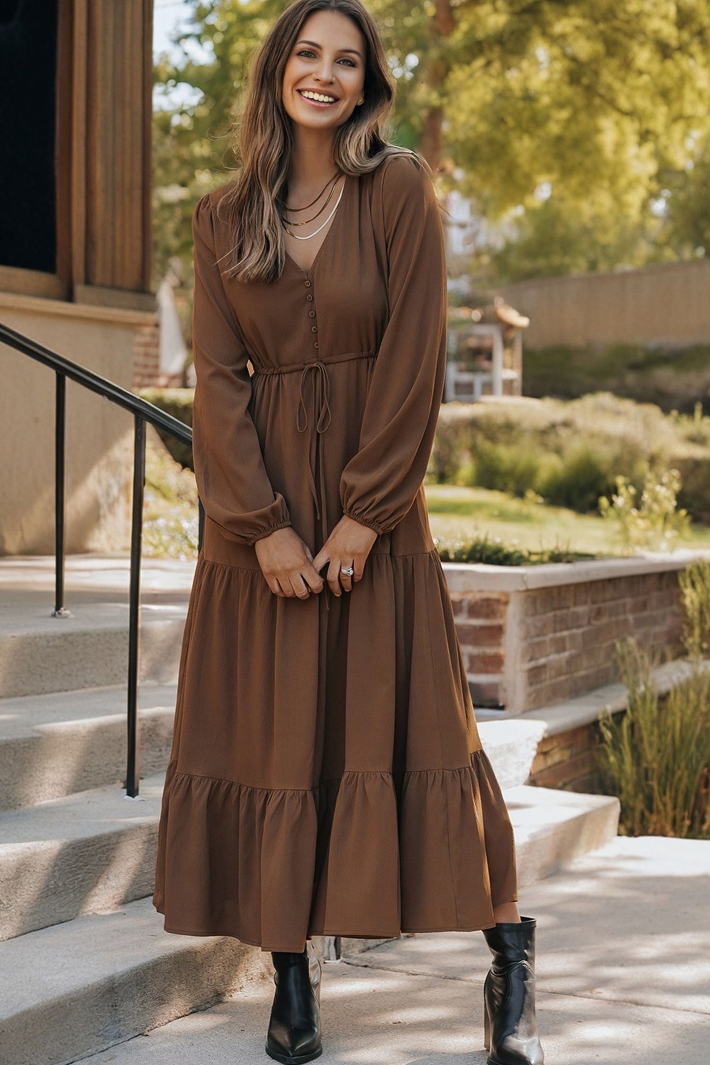 Chestnut Solid Long Sleeve Button V Neck Tiered Maxi Dress