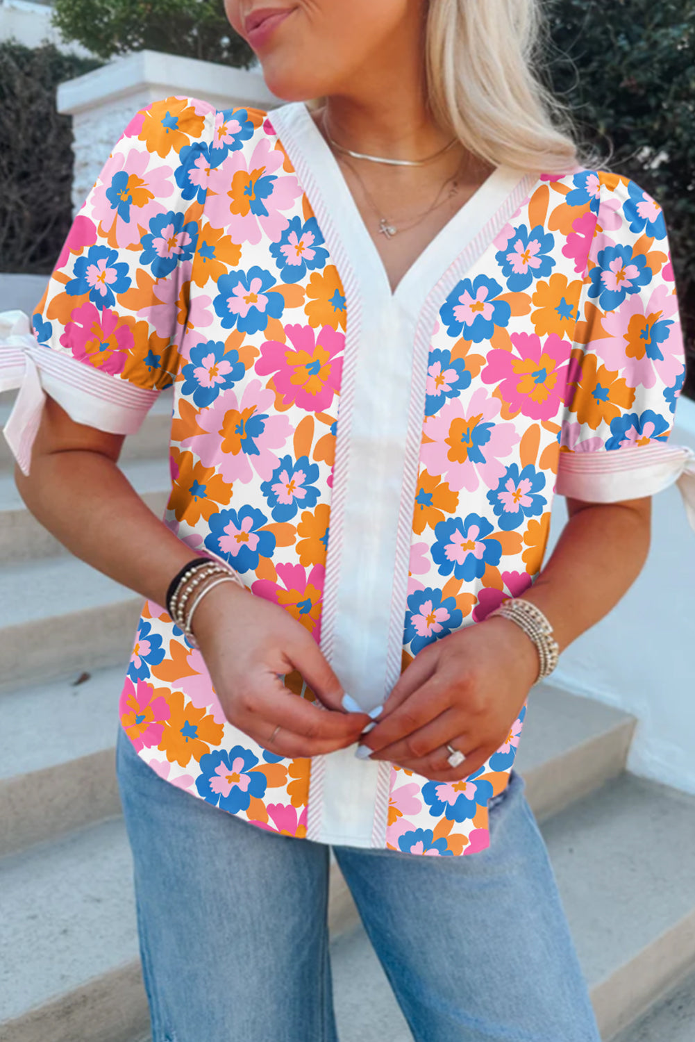 White Floral Colorblock Striped Edge V Neck Knotted Short Sleeve Blouse