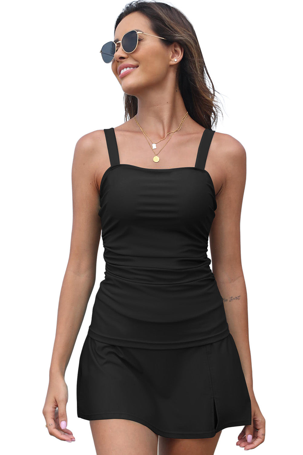 Black Solid Square Neck Sleeveless Tankini Swimsuit
