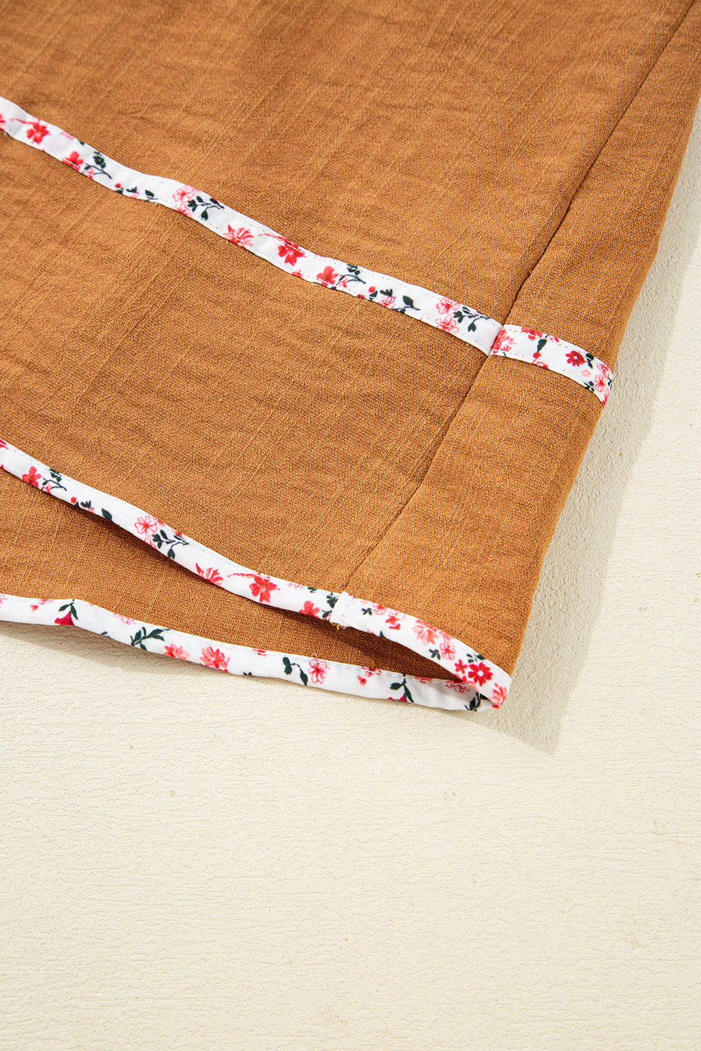 Straw Yellow Split Neck Pleated Floral Trim Long Puff Sleeve Blouse