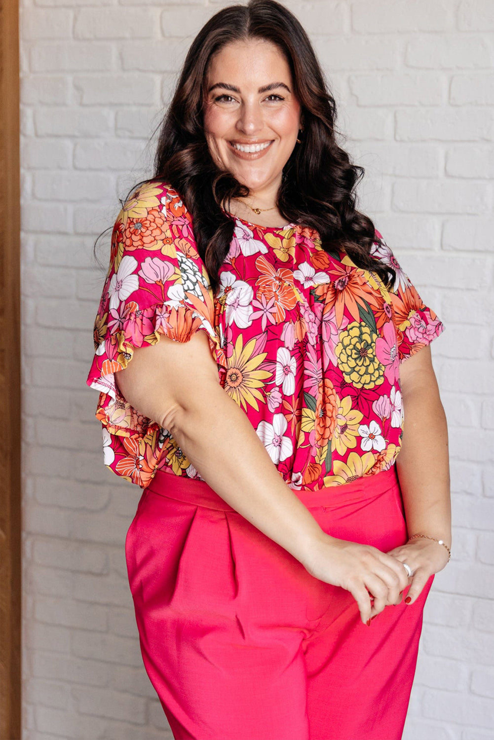 Rose Plus Size Floral Print Ruffle Short Sleeve Blouse