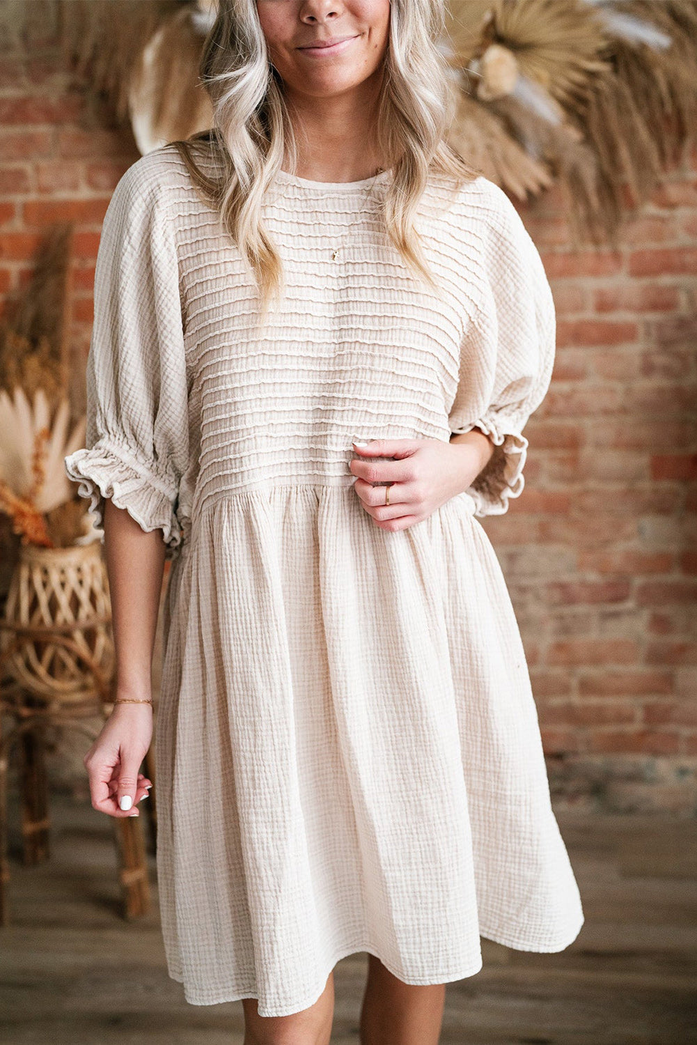 White Textured Ruffled Puff Sleeve Loose Dress