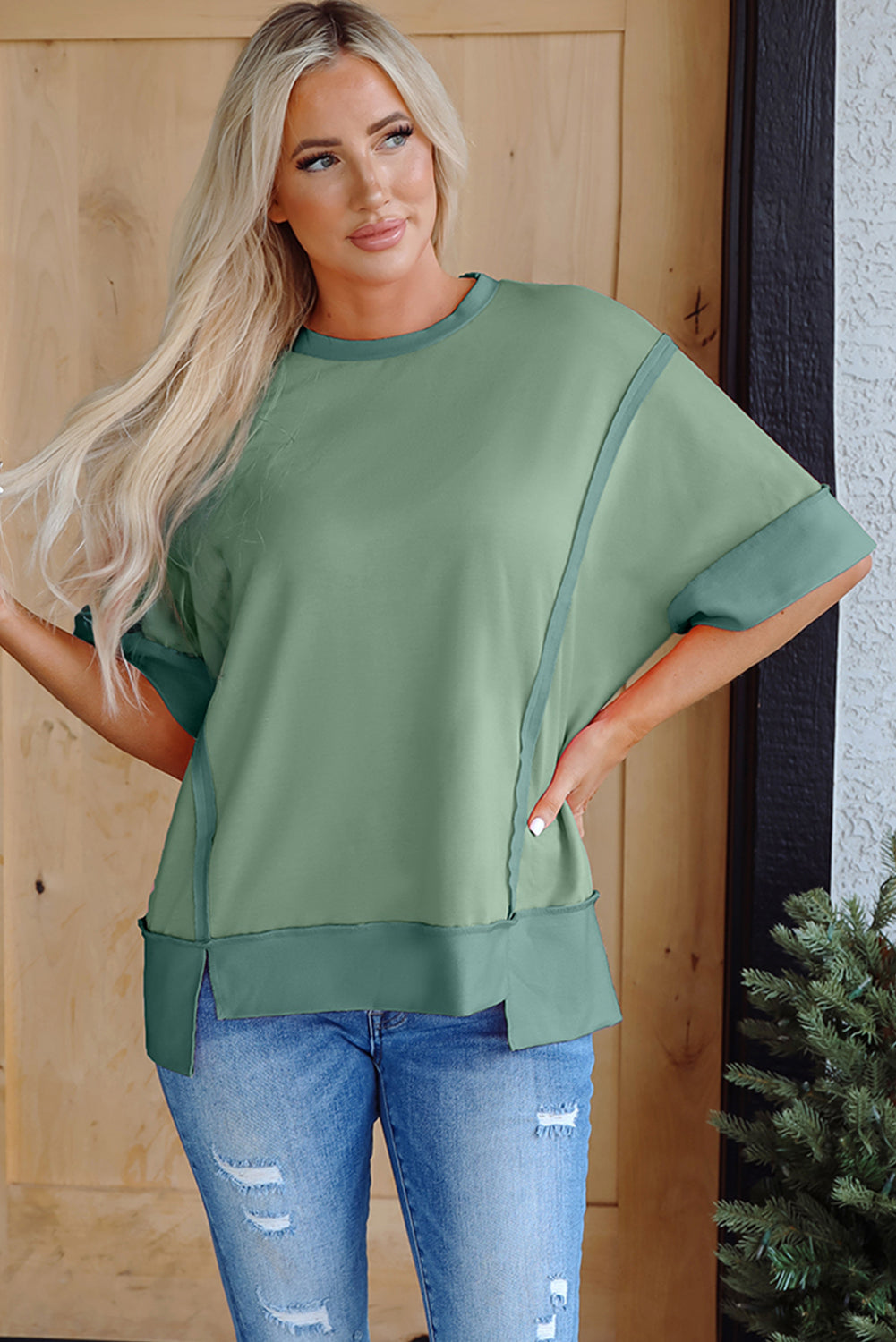 Smoke Green Half Sleeve Raw Seam High Low Side Split Top