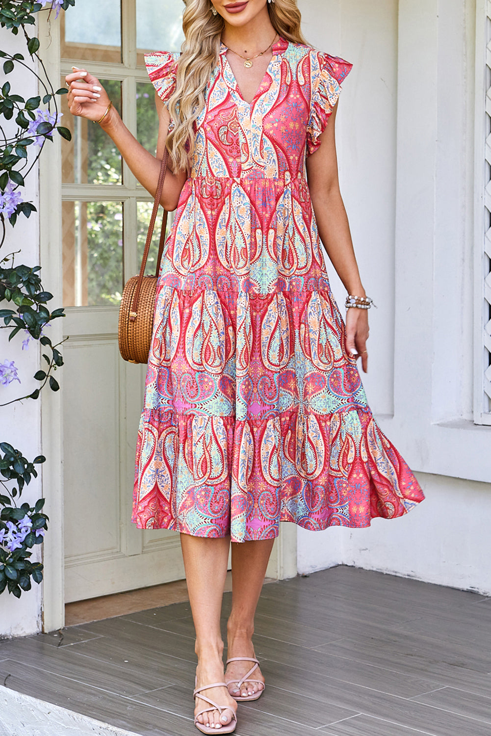 Rose Tribal Paisley Print Ruffled Sleeve Notch Neck Midi Dress