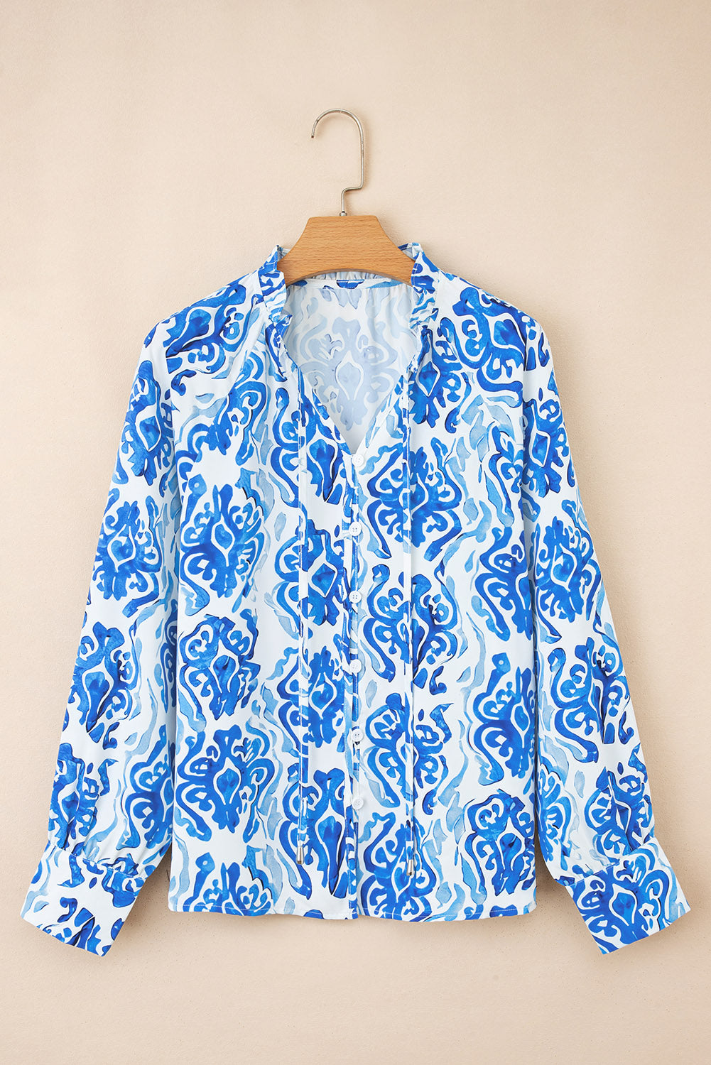 Sky Blue Ethnic Printed Tie Split Neck Button Front Puff Sleeve Shirt