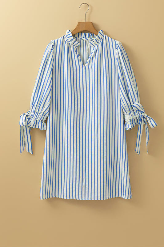 Sky Blue Stripe Knotted Bracelet Sleeve Notched Neck Shift Mini Dress