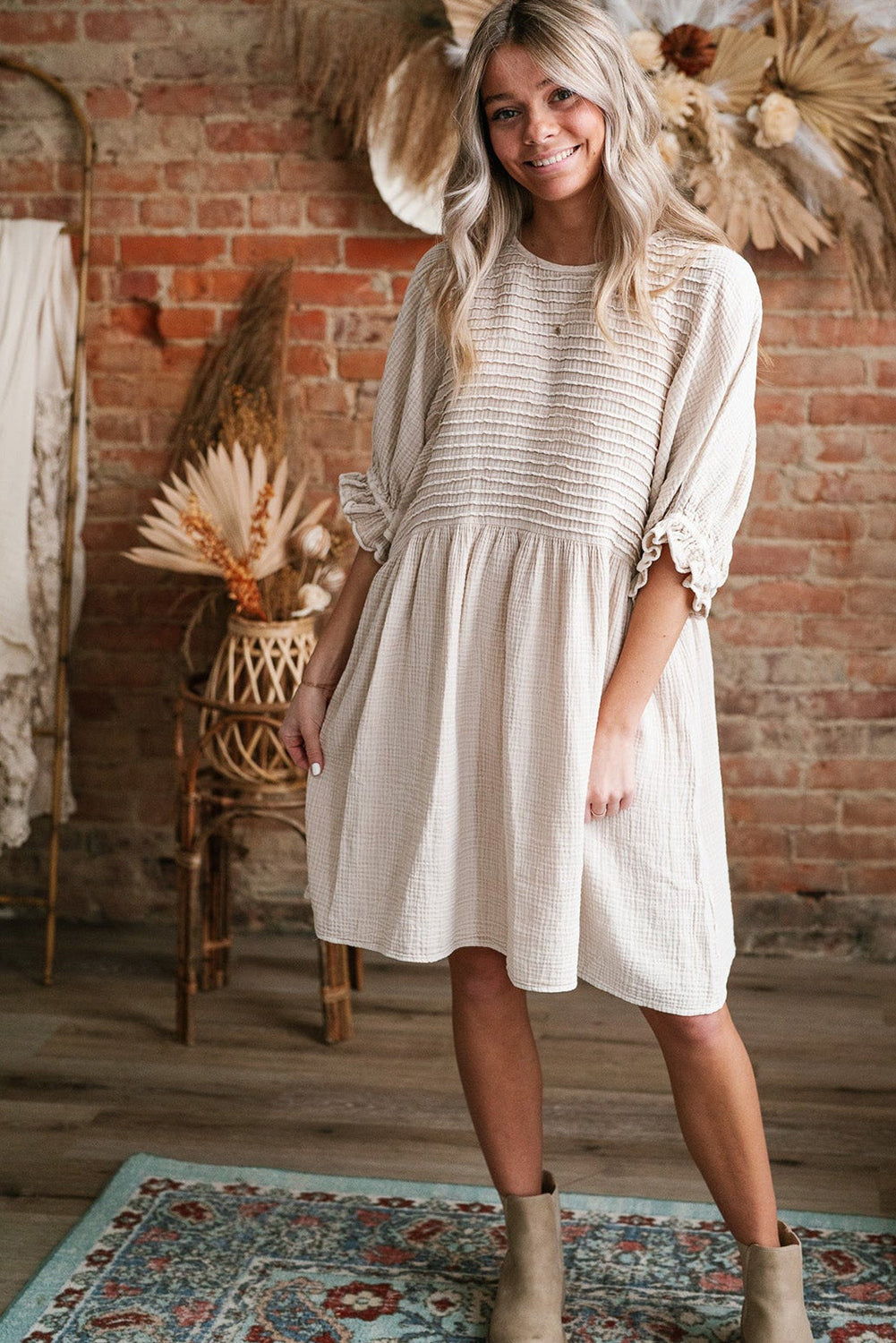 White Textured Ruffled Puff Sleeve Loose Dress