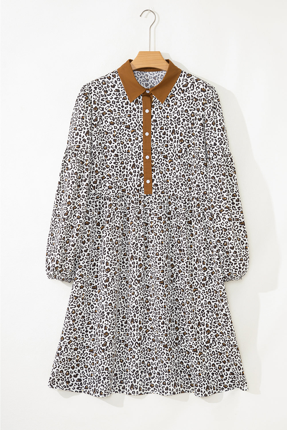 Khaki Plus Size Button V Neck Leopard Print Puff Sleeve Loose Mini Dress