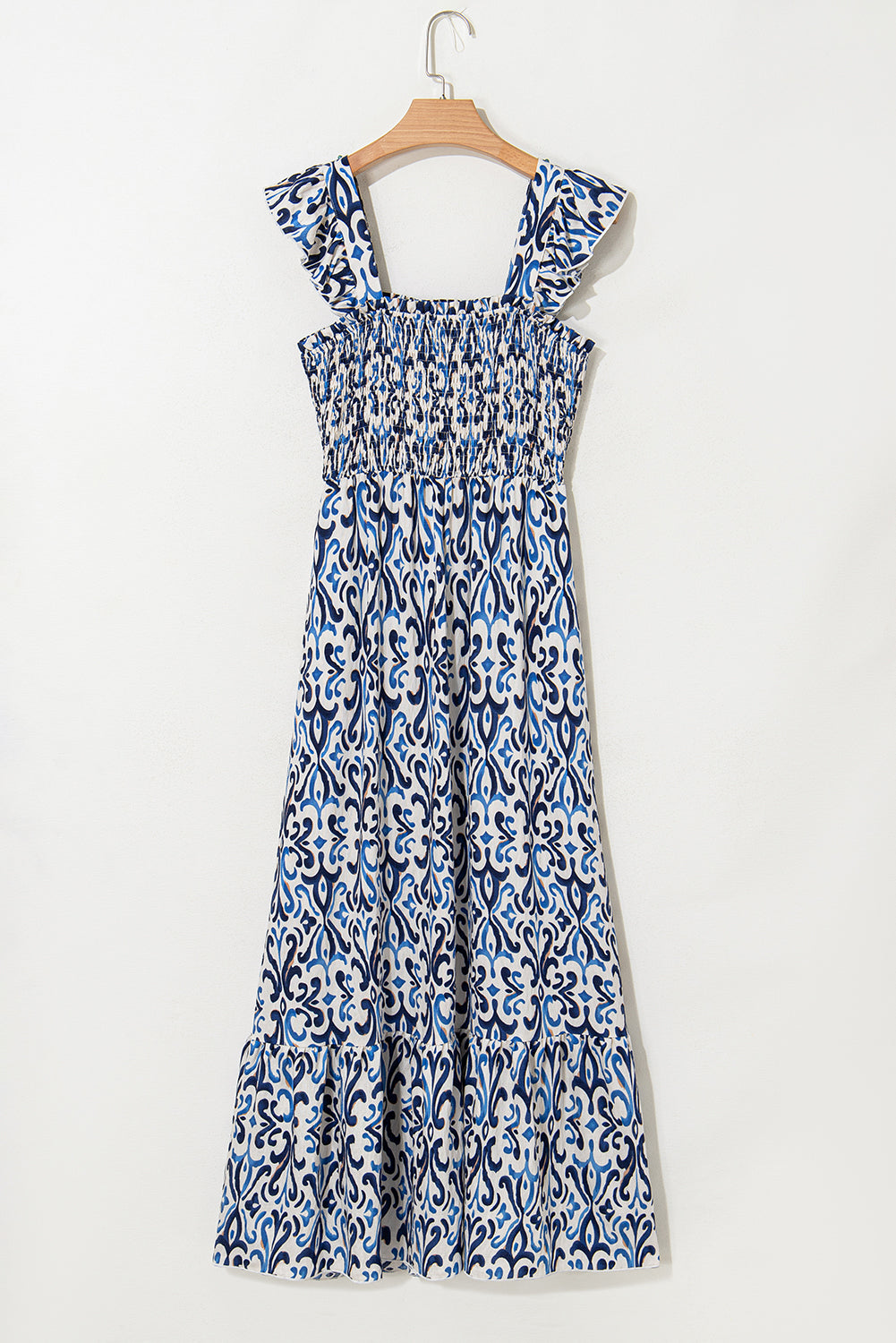 Sky Blue Boho Print Smocked High Waist Maxi Dress