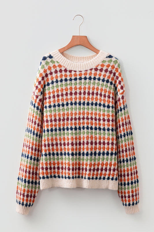 Multicolour Dotty Striped Pattern Knit Drop Shoulder Sweater
